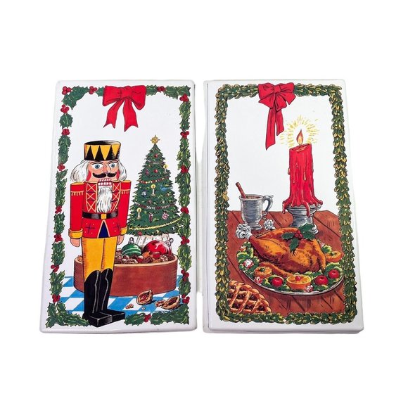 Lot Of 2 Vintage Christmas Themed Metal Tin Lid- Rectangular- Nutcracker-Turkey - Picture 1 of 12